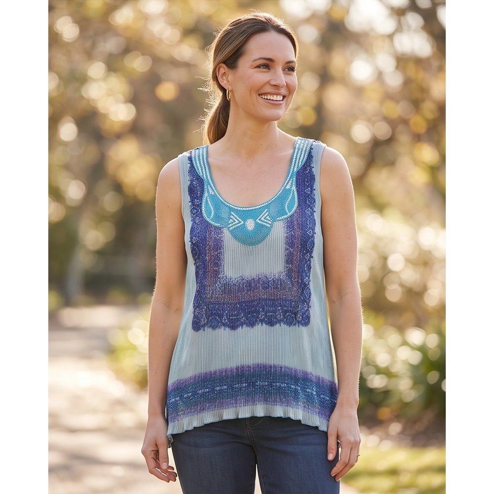 One World 2X Sleeveless Pleated Beaded Tank Top Blue‎ Purple Boho Bling